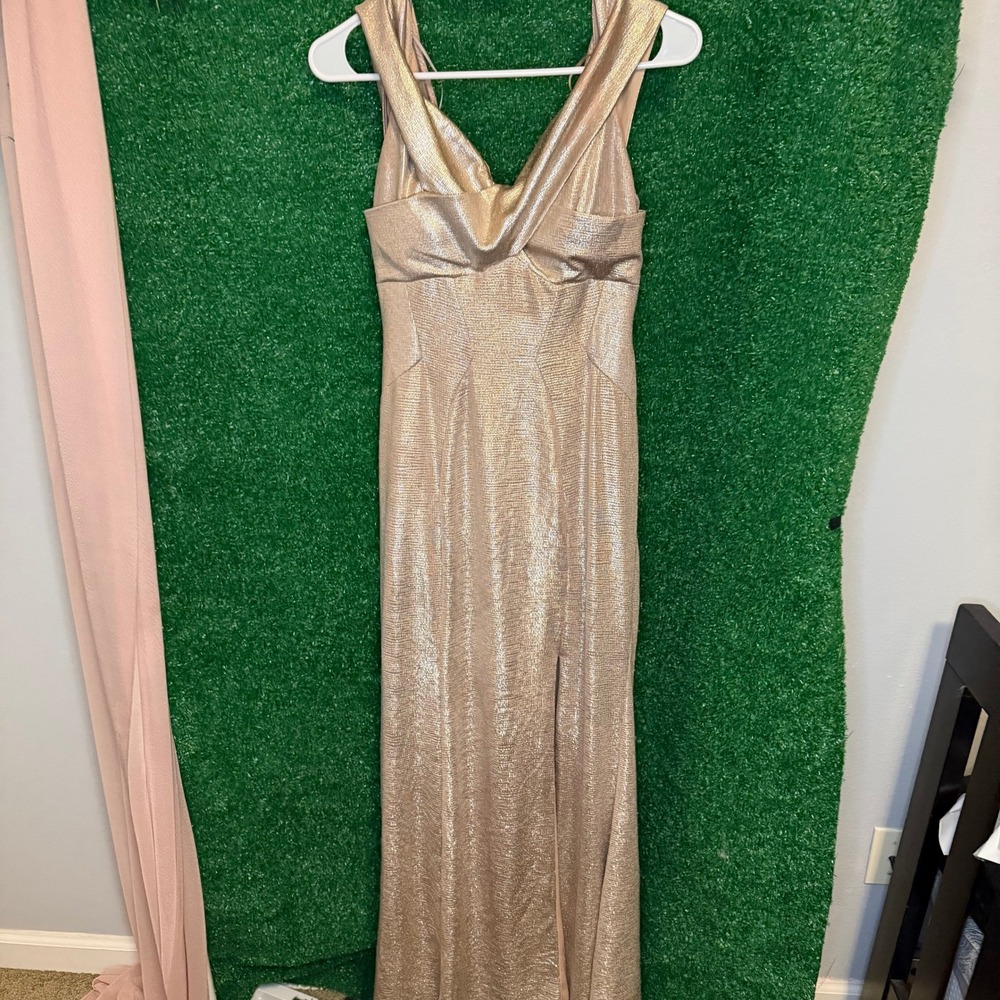 Nightway Gold Metallic Maxi Gown Size 8 Cowl Neck Slit Formal Evening Dress